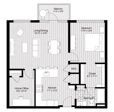 Floor plan for 1 bed, 1 bath, 972 sqft